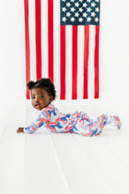 Load image into Gallery viewer, Red White and Blue Bow Ruffle Convertible Foot Onesie