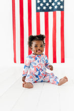 Load image into Gallery viewer, Red White and Blue Bow Ruffle Convertible Foot Onesie