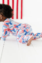 Load image into Gallery viewer, Red White and Blue Bow Ruffle Convertible Foot Onesie