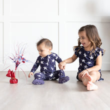 Load image into Gallery viewer, Navy Star Footed Onesie