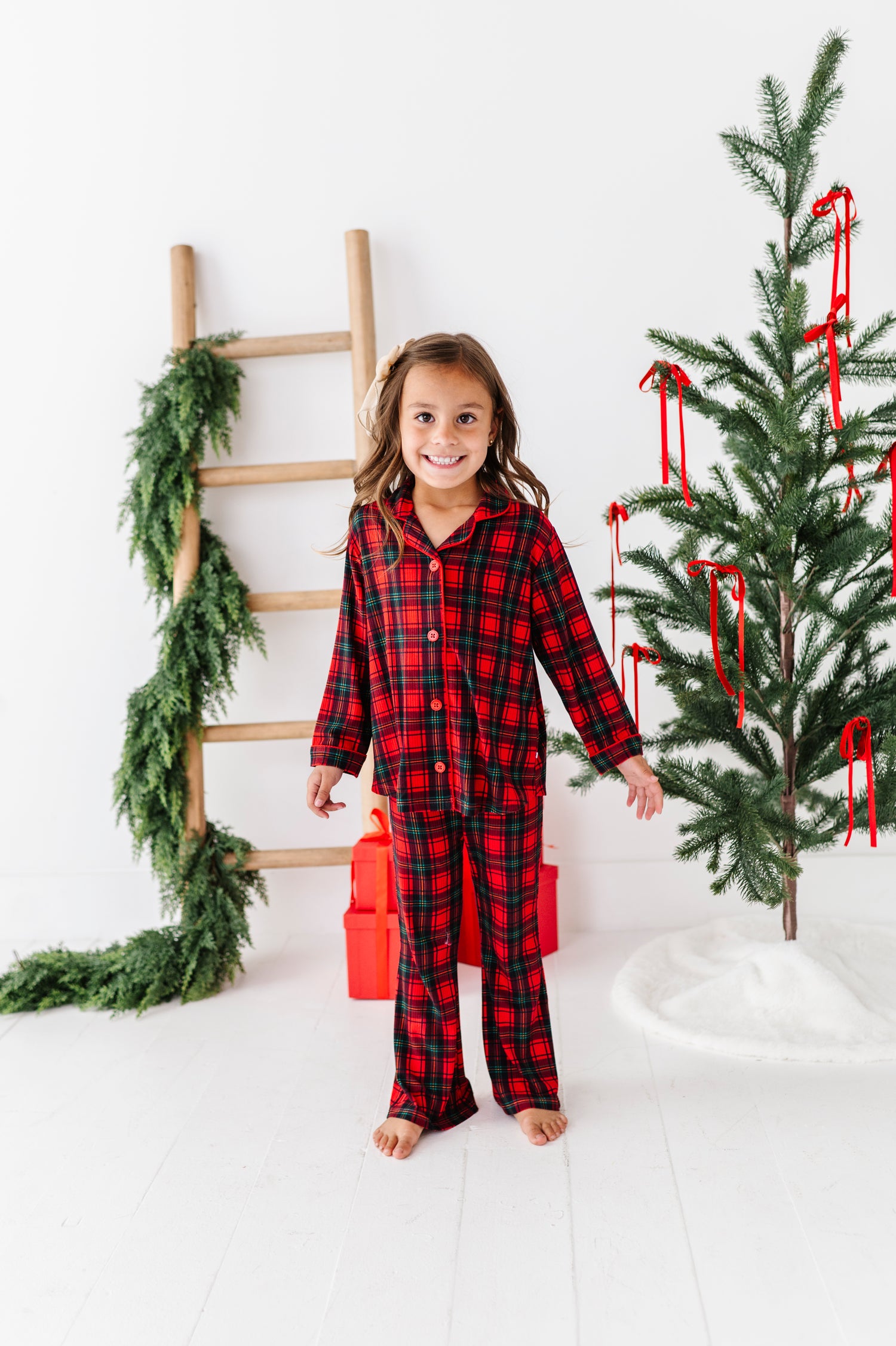 Classic Red Plaid Ribbed Girls Flare Lounge Set