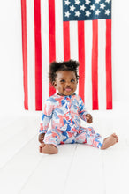Load image into Gallery viewer, Red White and Blue Bow Ruffle Convertible Foot Onesie
