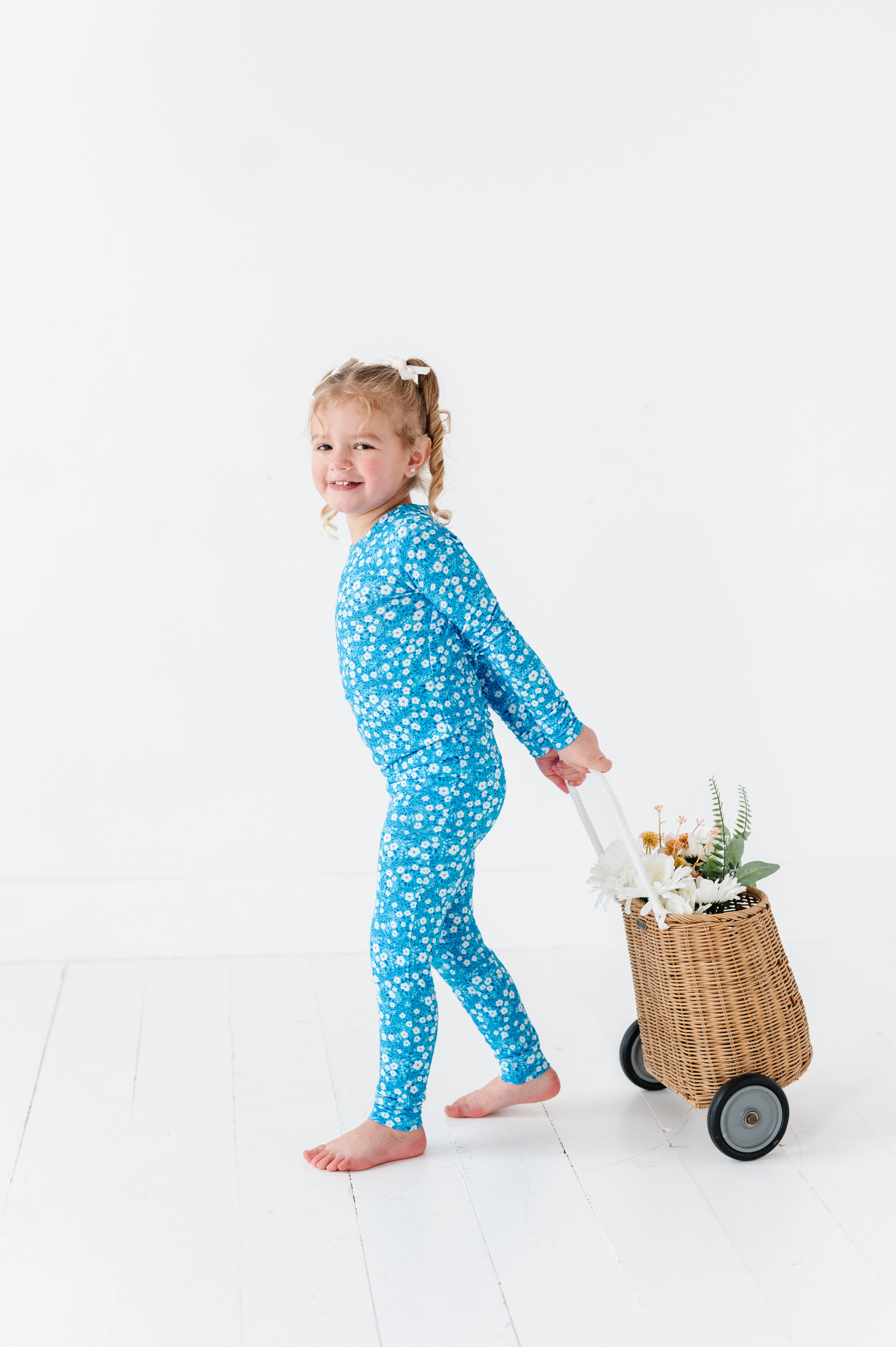 Blue Base Flowers Two Piece Pajama Set