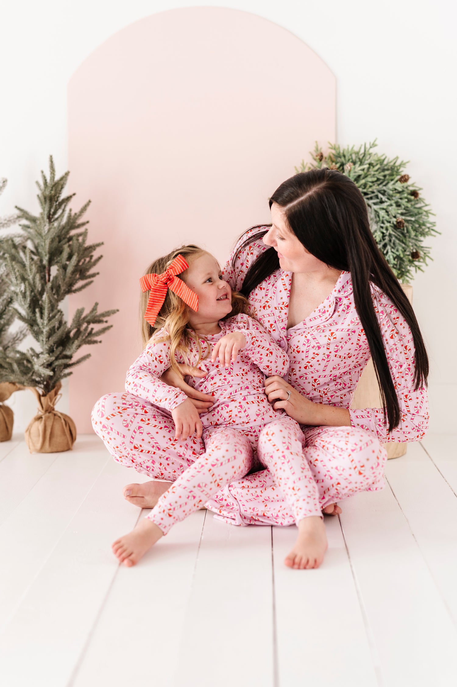 Pink Candy Cane Women's Button Down Pajama Set