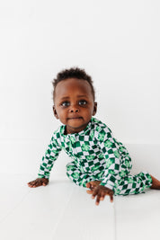 Ribbed Checker Shamrocks Zipper Onesie