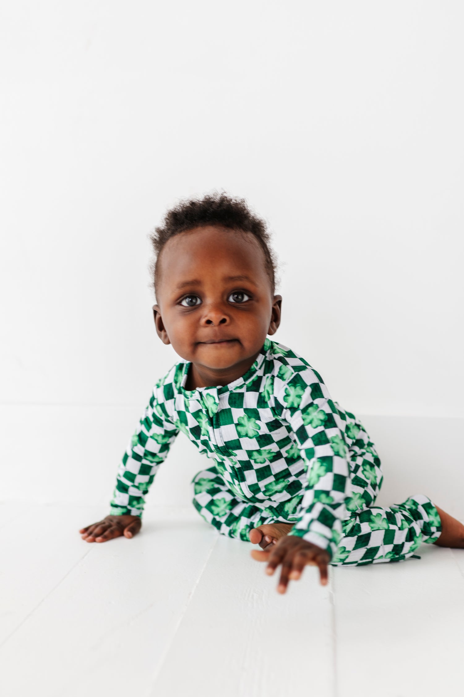 Ribbed Checker Shamrocks Zipper Onesie