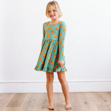 Load image into Gallery viewer, Ribbed Pumpkin Green long Sleeve Ruffle Dress
