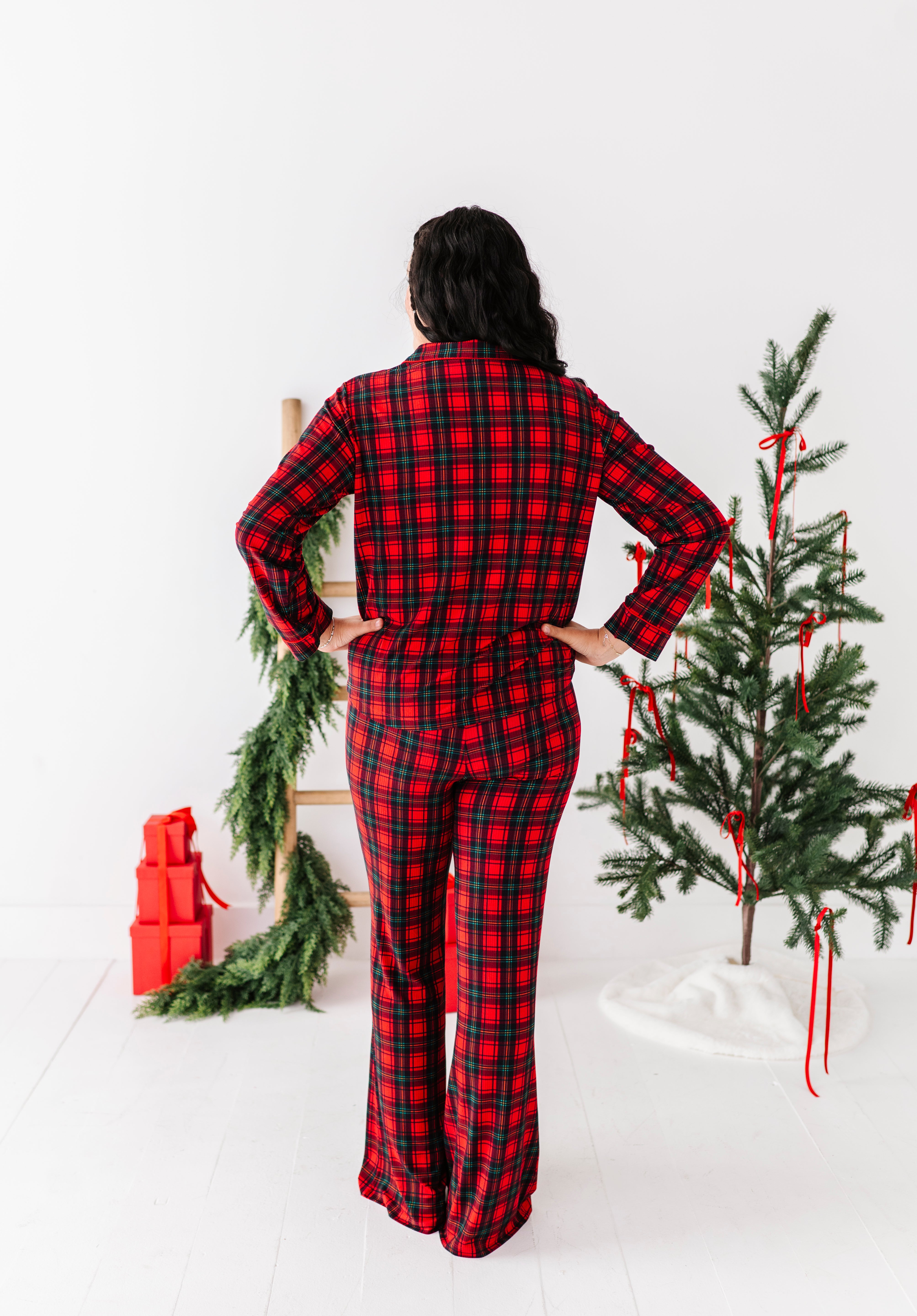 Classic Red Plaid Ribbed Women's Flare Set
