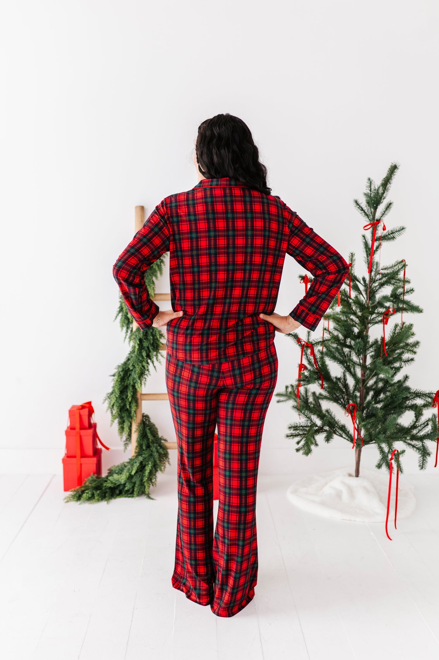 Classic Red Plaid Ribbed Women's Flare Set