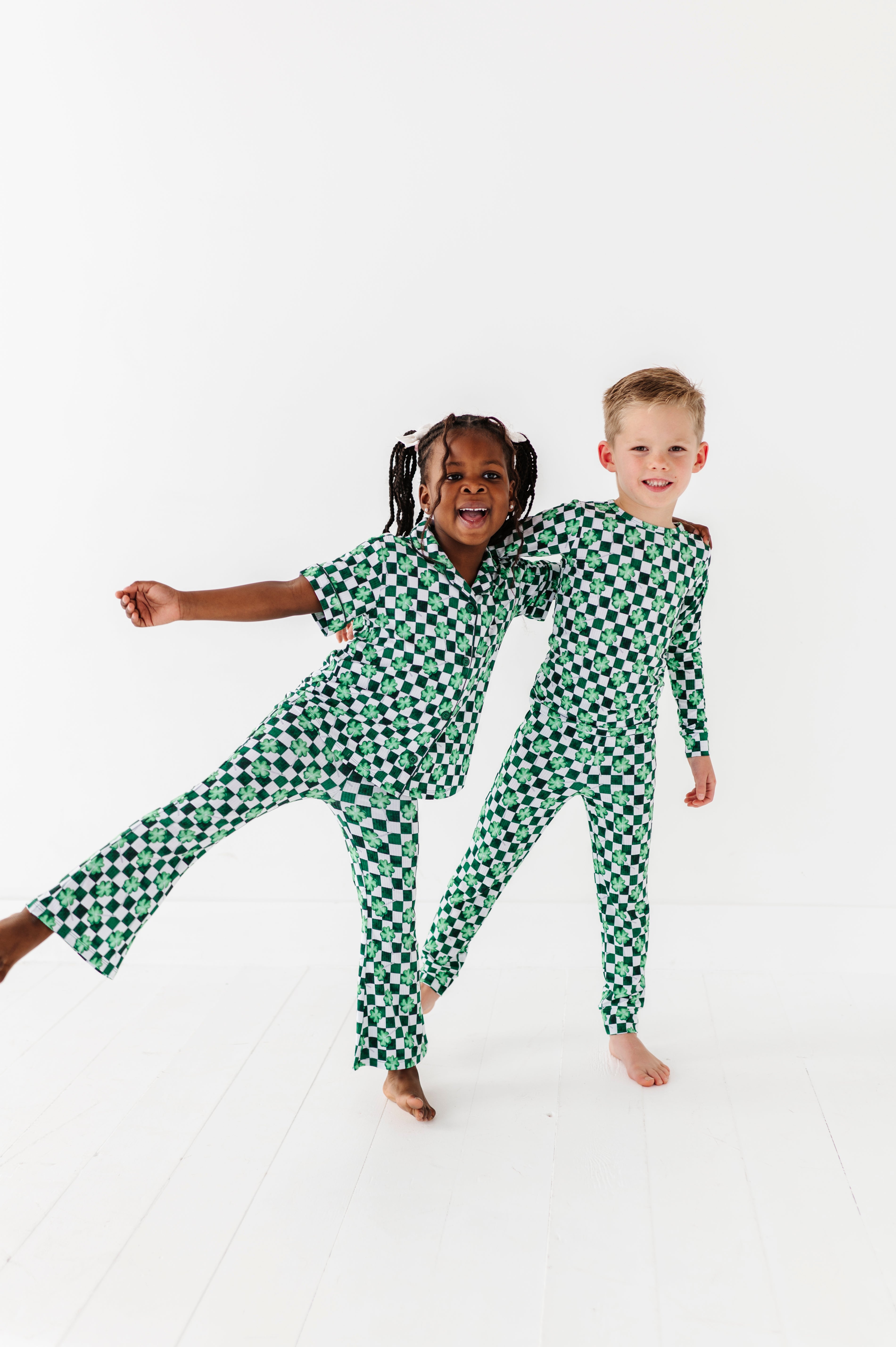 Ribbed Checkered Shamrock Girls Flare Lounge Set