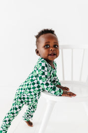 Ribbed Checker Shamrocks Zipper Onesie