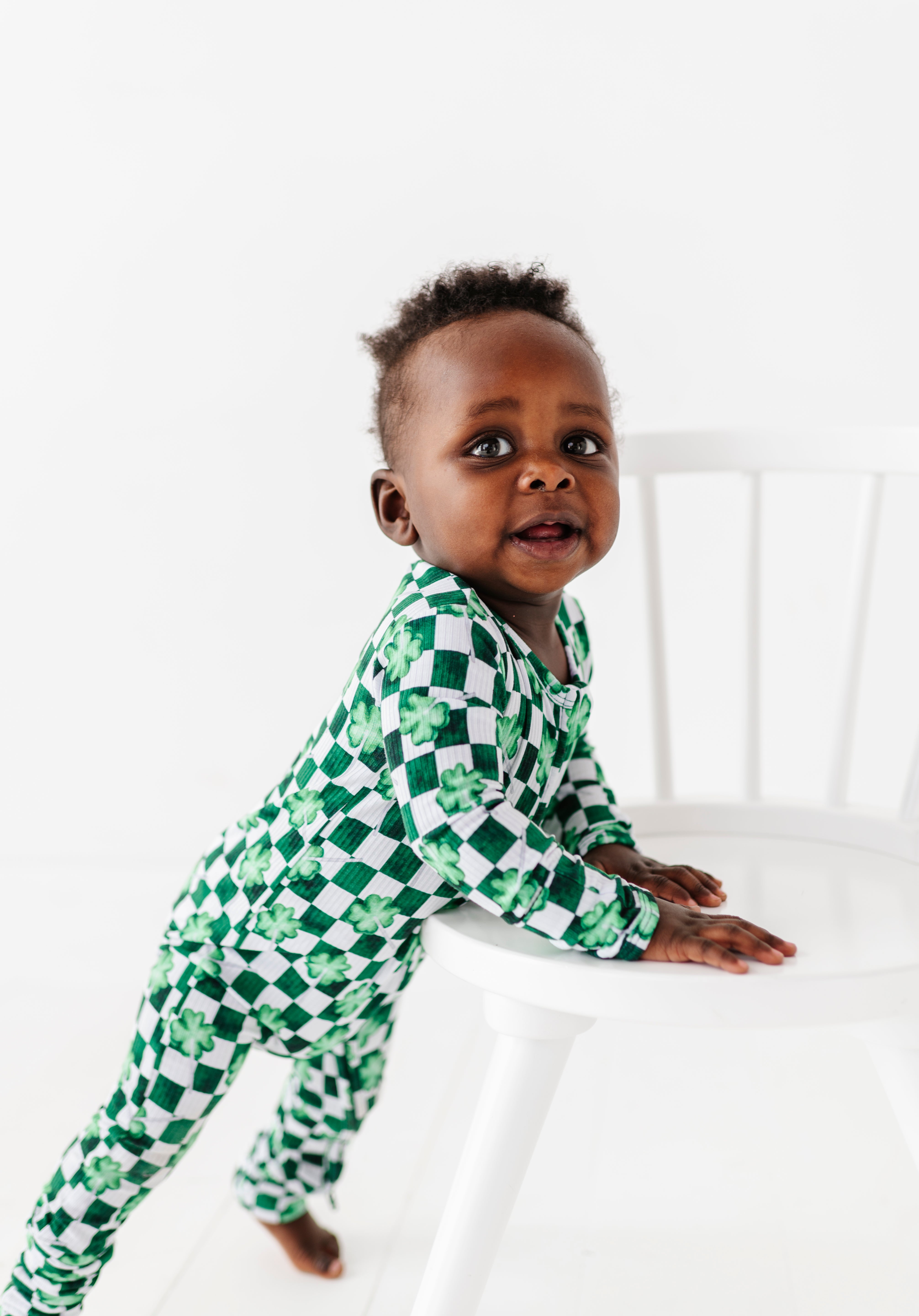 Ribbed Checker Shamrocks Zipper Onesie