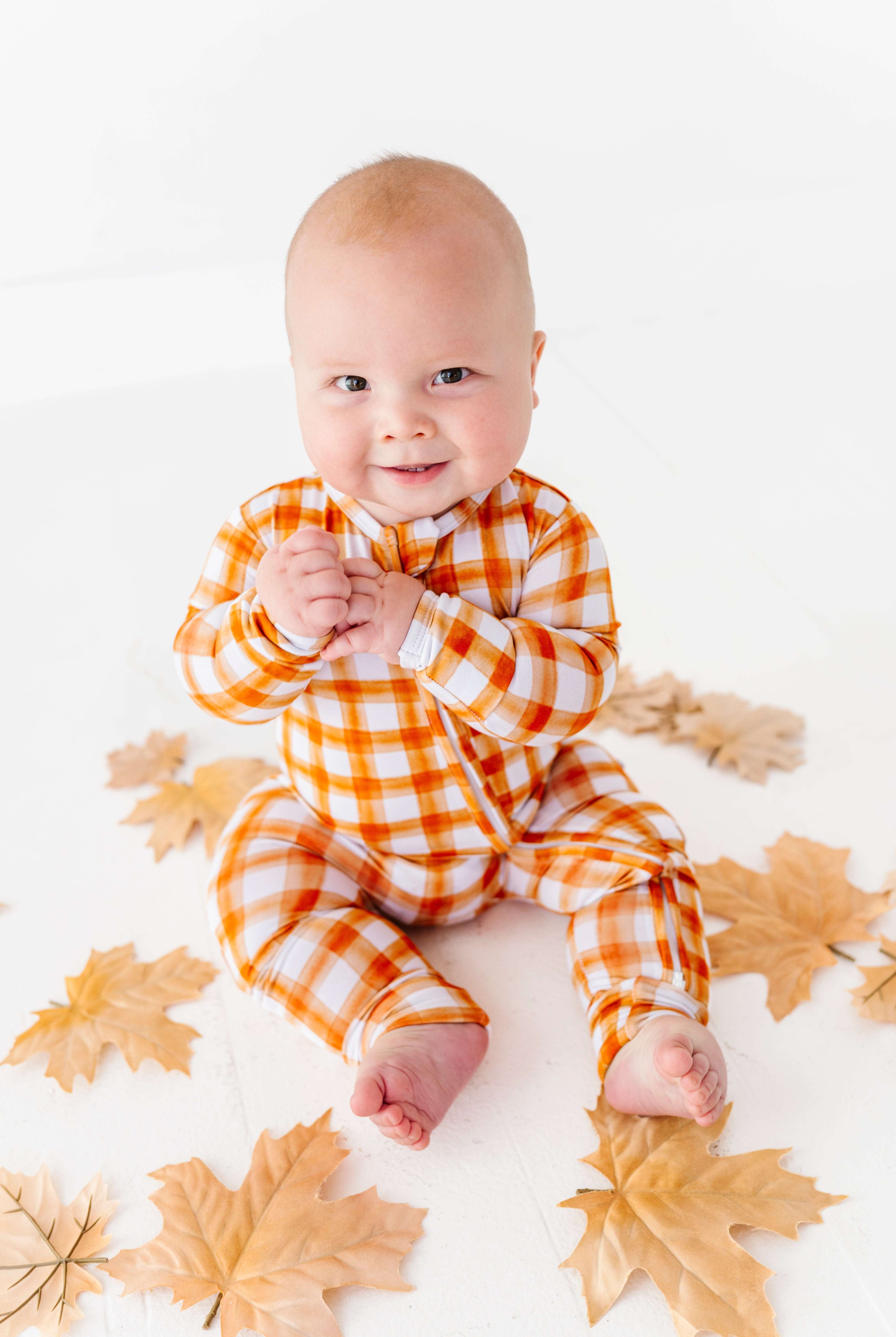 Orange Gingham Zipper Onesie