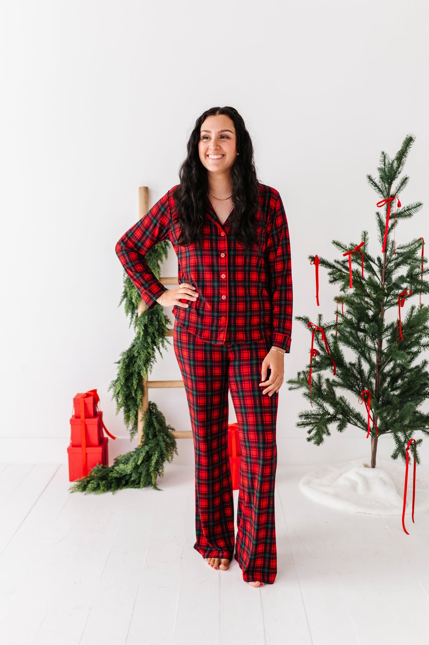 Classic Red Plaid Ribbed Women's Flare Set