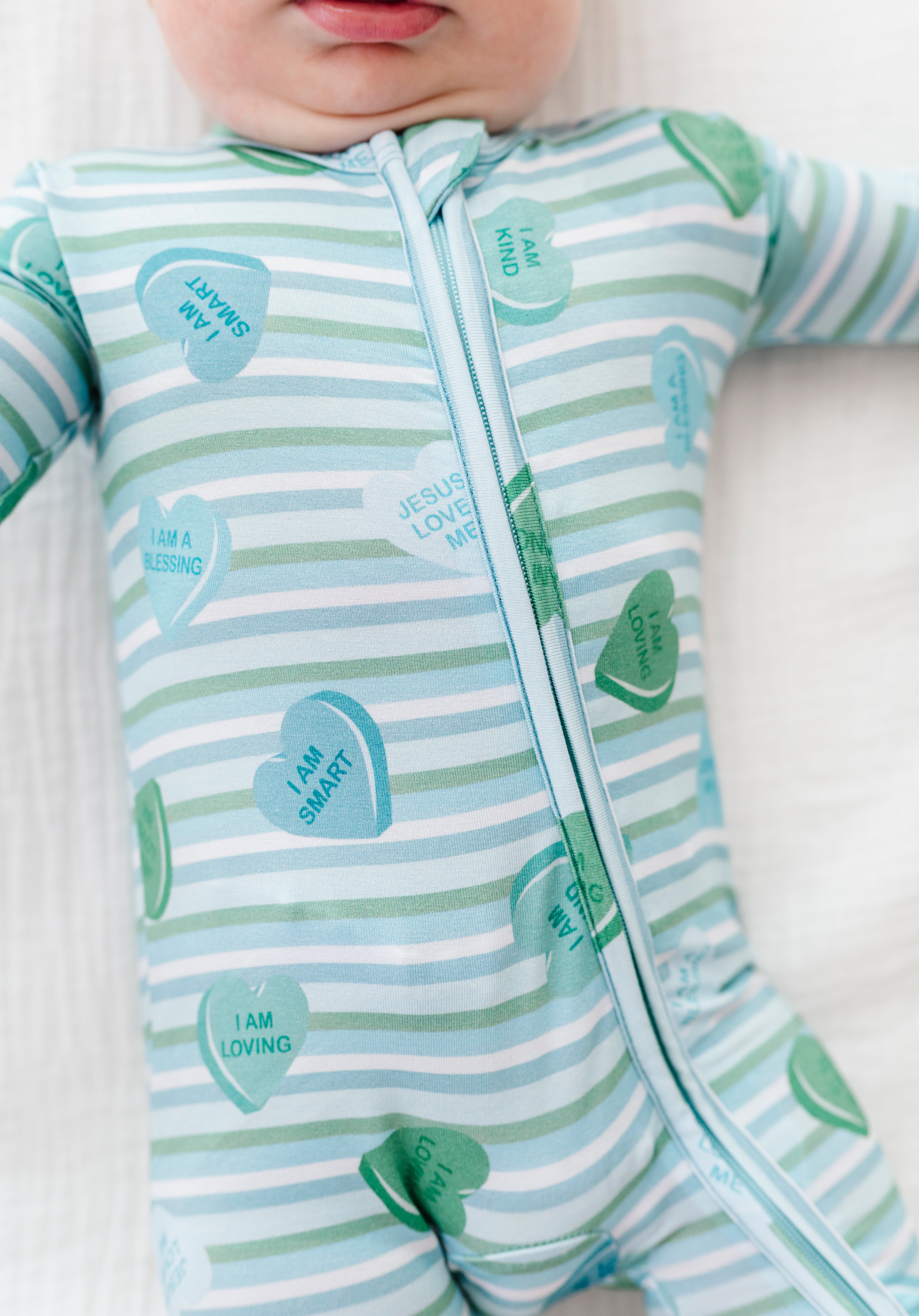 LPC X Daryl-Ann Denner Blue Stripe Affirmation Heart Zipper Onesie - PREORDER Ships in January