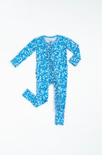 Load image into Gallery viewer, Blue Base Flowers Ruffle Convertible Footed Onesie
