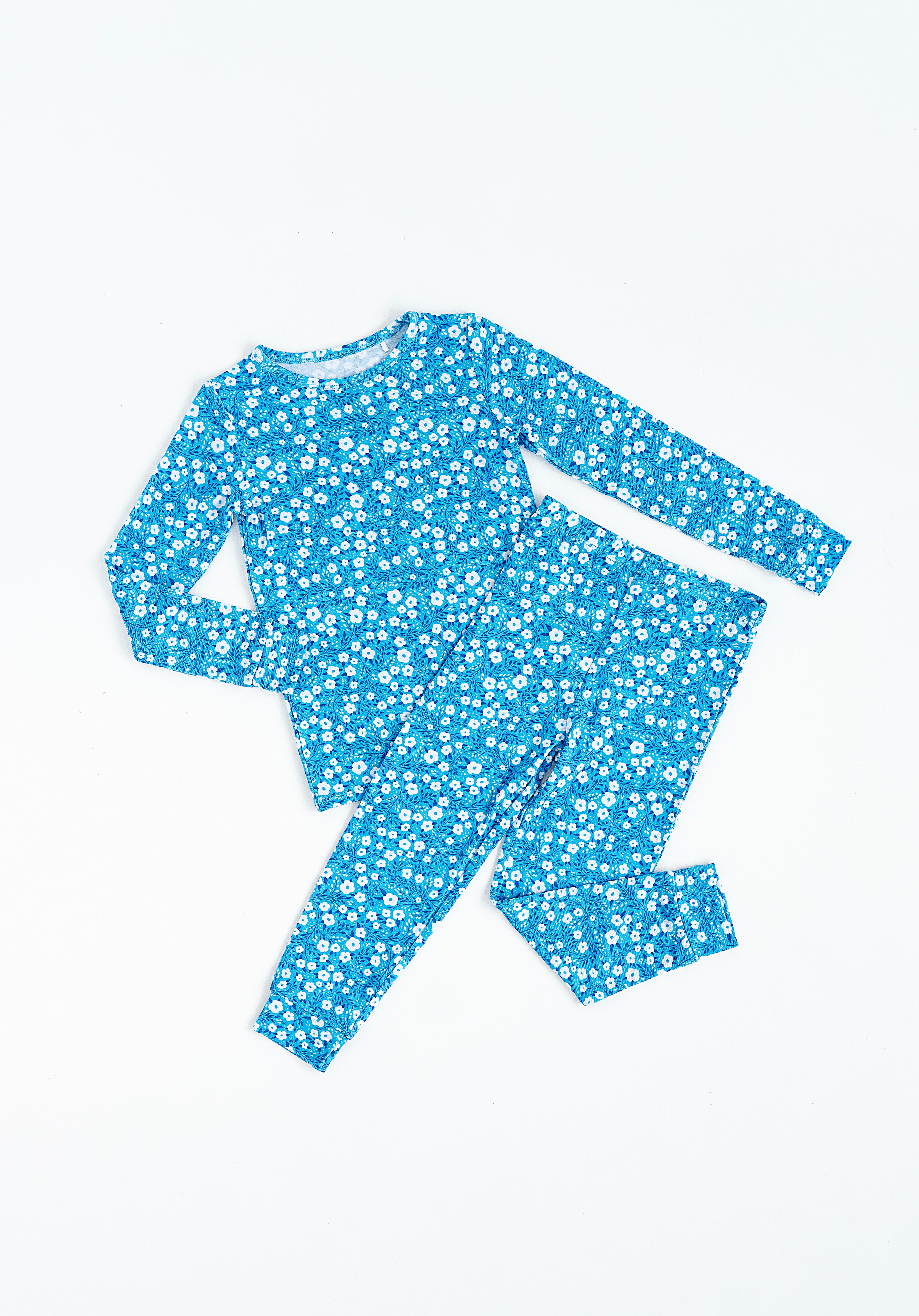 Blue Base Flowers Two Piece Pajama Set