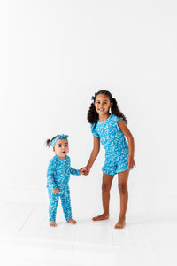 Blue Base Flowers Ruffle Convertible Footed Onesie