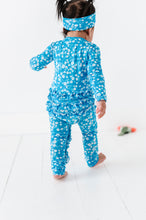 Load image into Gallery viewer, Blue Base Flowers Ruffle Convertible Footed Onesie
