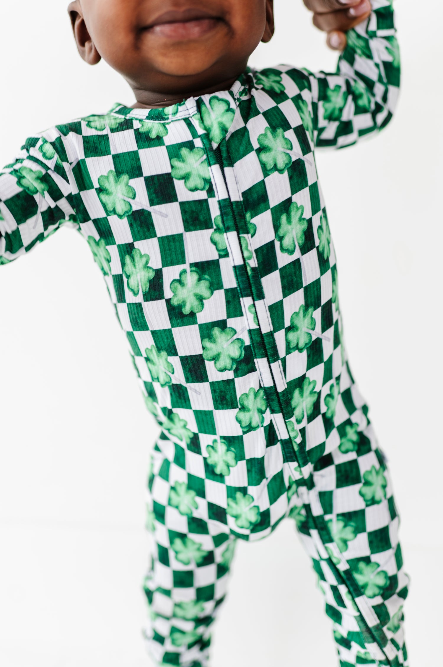 Ribbed Checker Shamrocks Zipper Onesie
