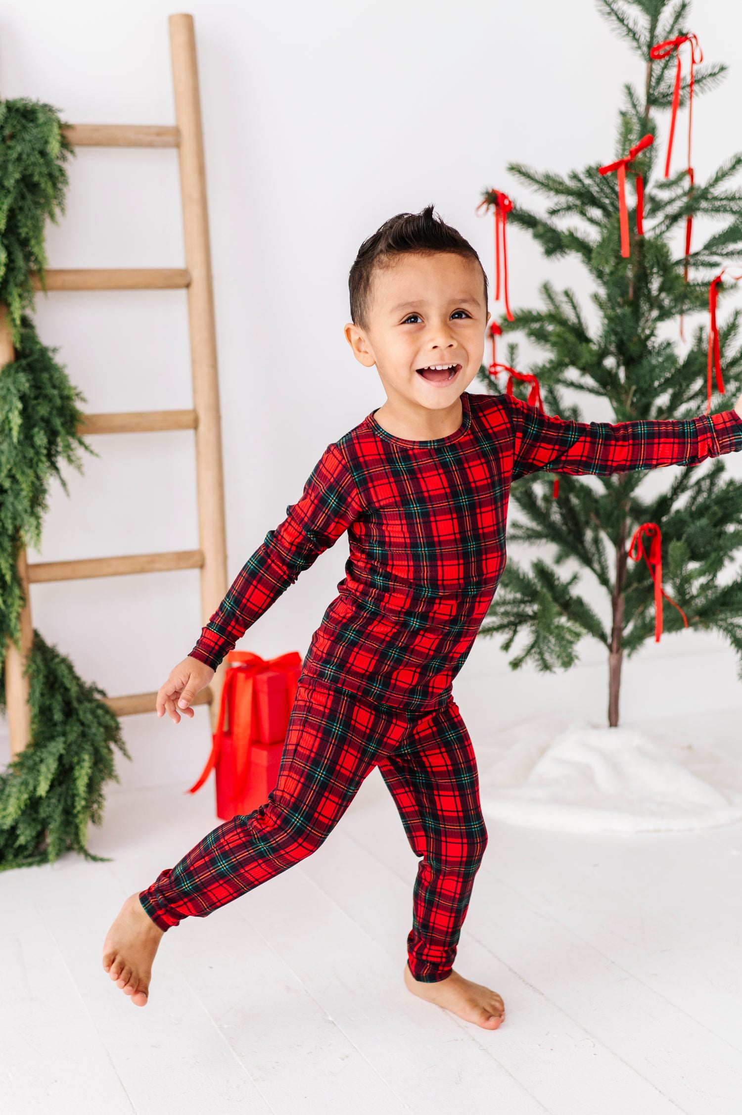 Classic Red Plaid Ribbed Two Piece Pajama Set
