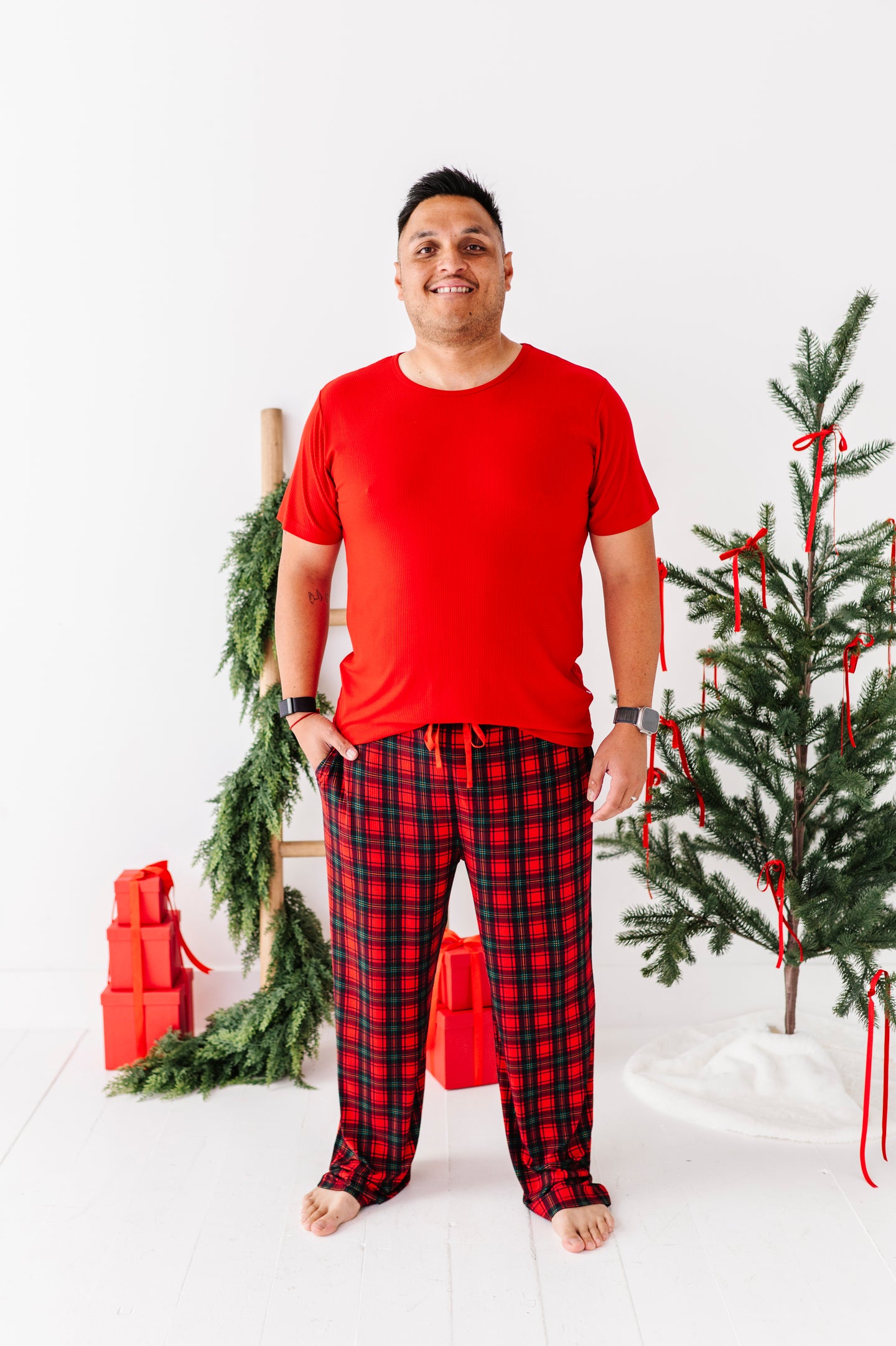 Classic Red Plaid Ribbed Men's Set