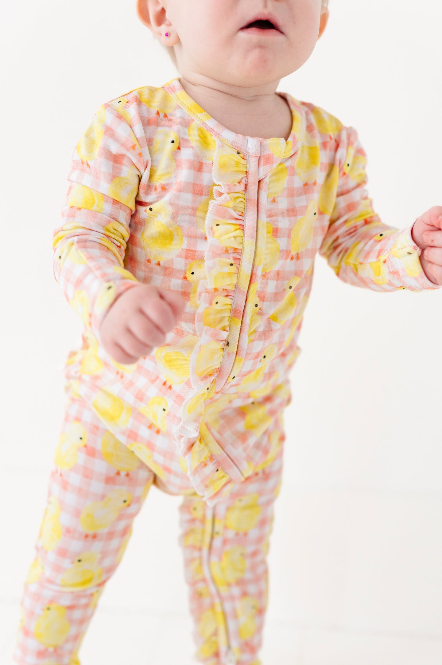 Chick Pink Gingham Ruffle Convertible Footed Onesie