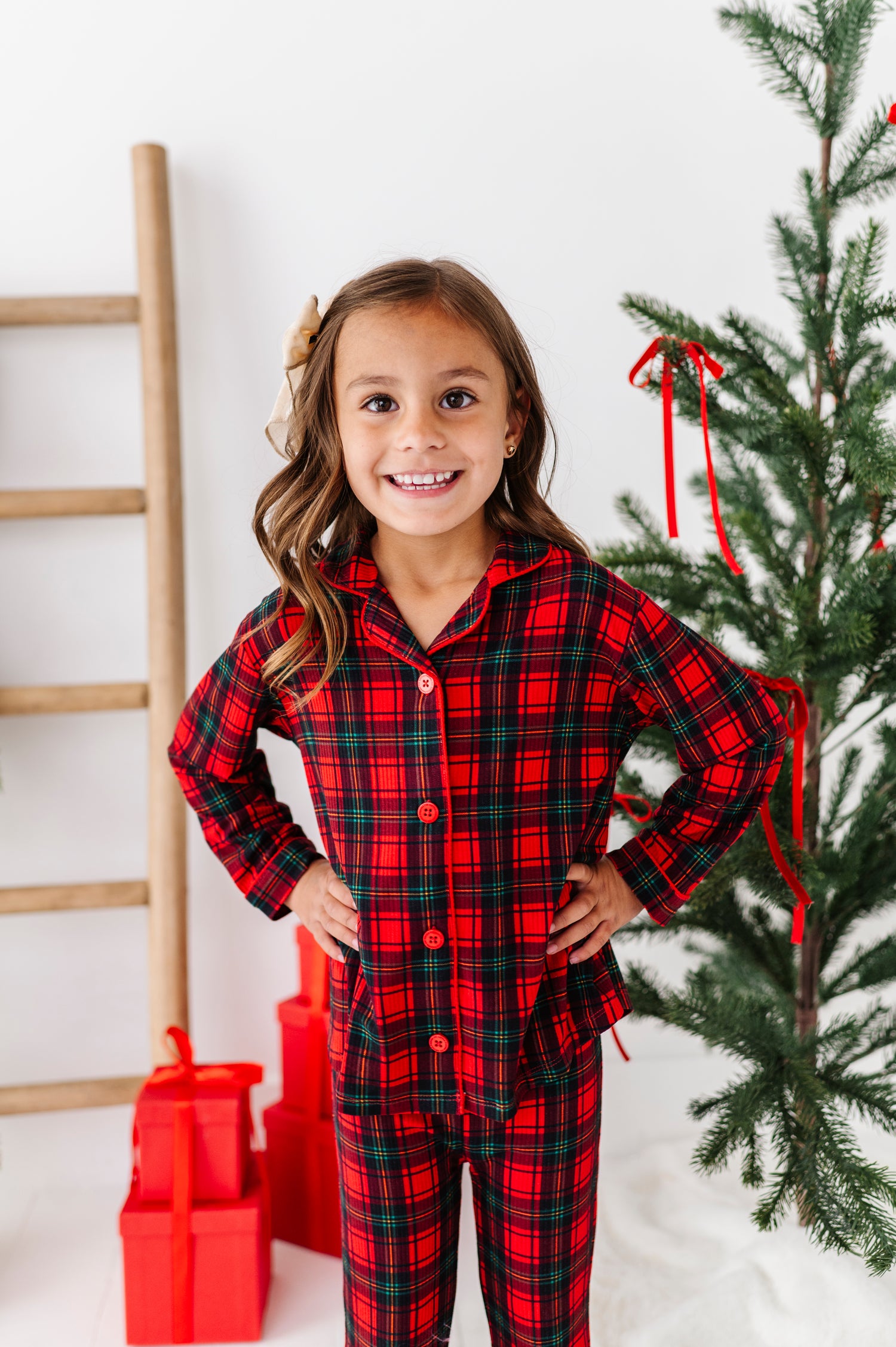 Classic Red Plaid Ribbed Girls Flare Lounge Set