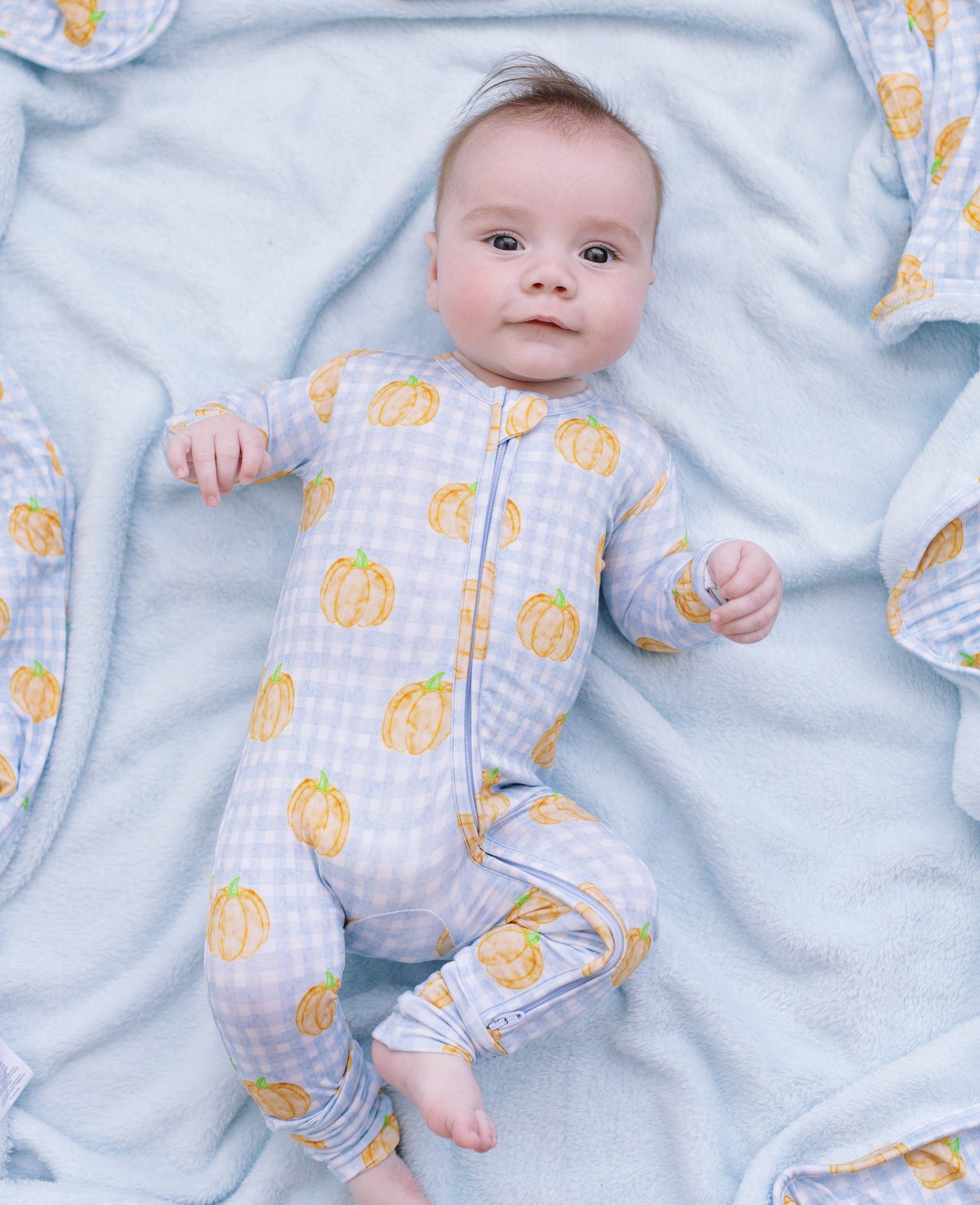 Blue Gingham Pumpkin Zipper Onesie