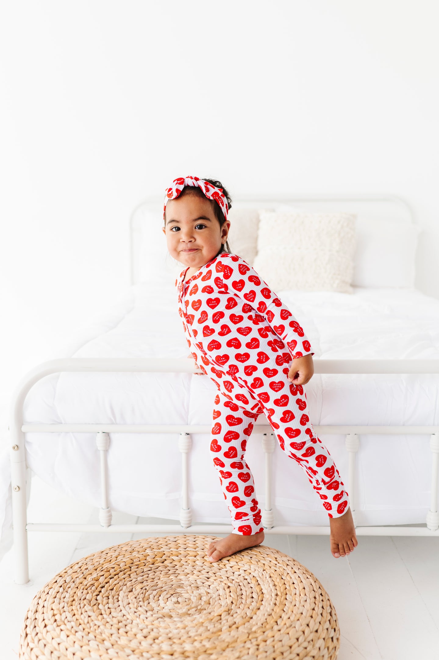 Red Affirmation Heart Footed Convertible Foot Onesie