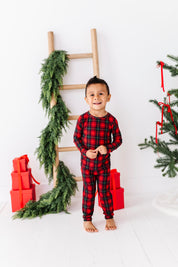 Classic Red Plaid Ribbed Two Piece Pajama Set