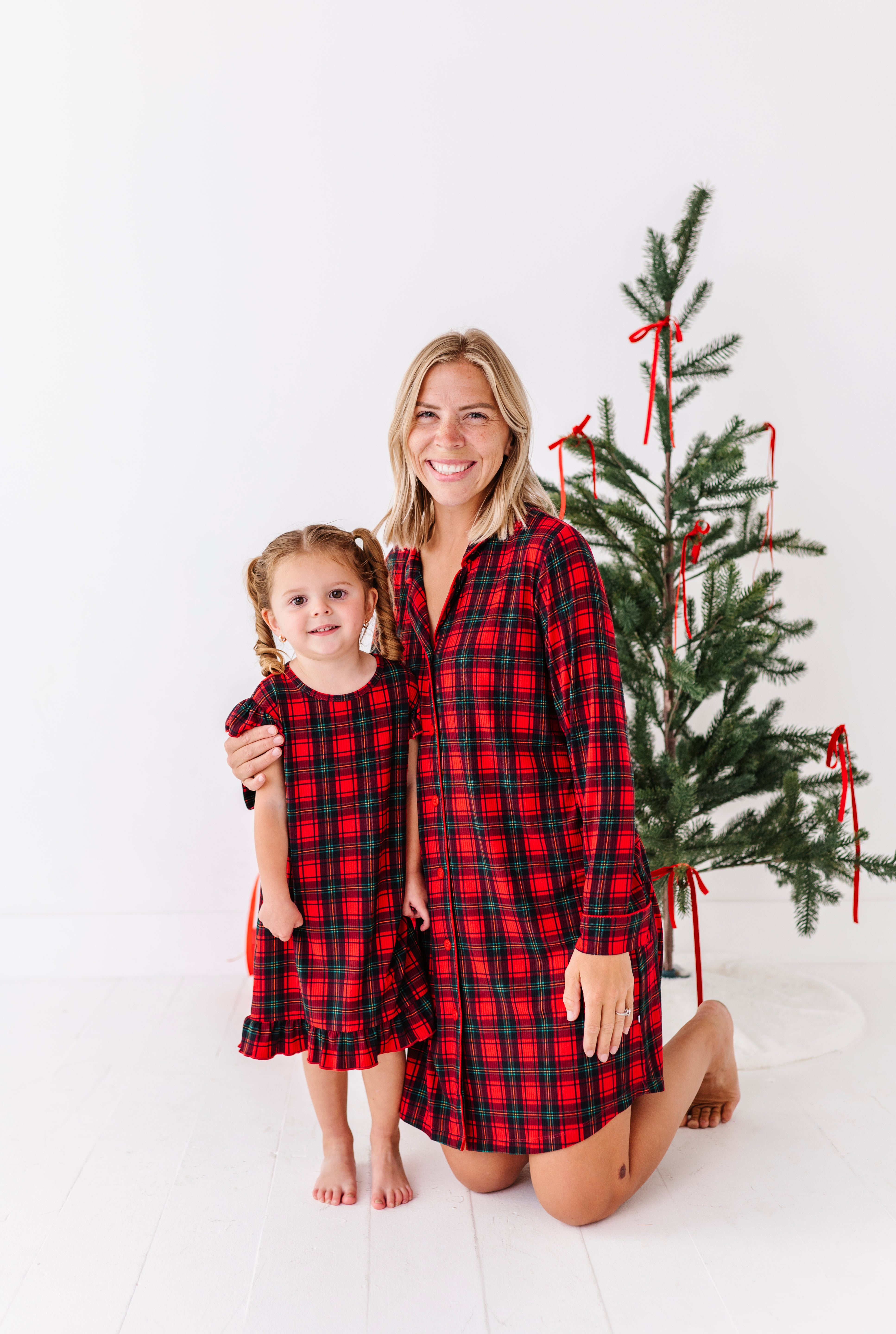 Classic Red Plaid Ribbed Ruffle Gown