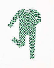 Ribbed Checker Shamrocks Zipper Onesie