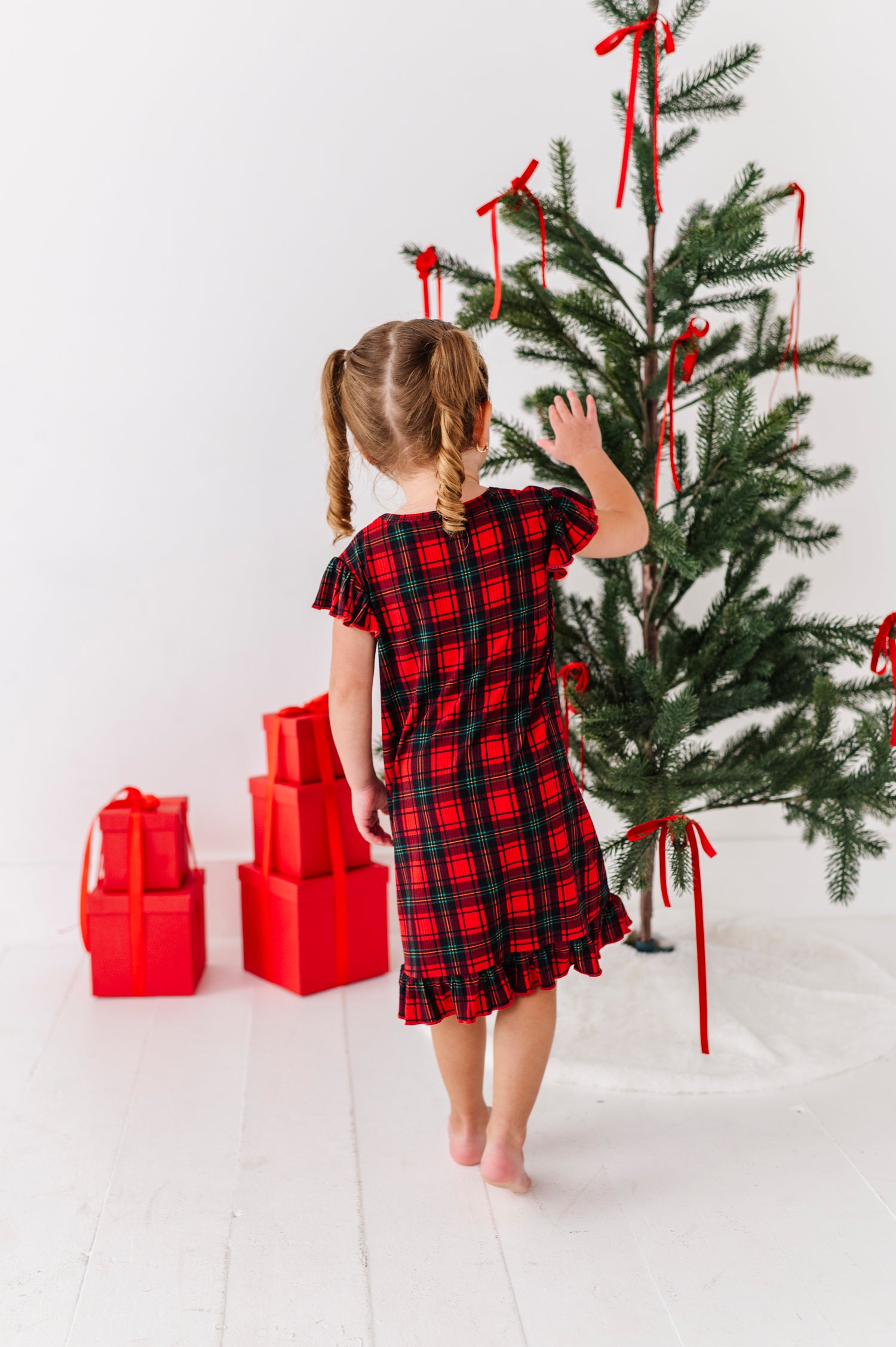 Classic Red Plaid Ribbed Ruffle Gown