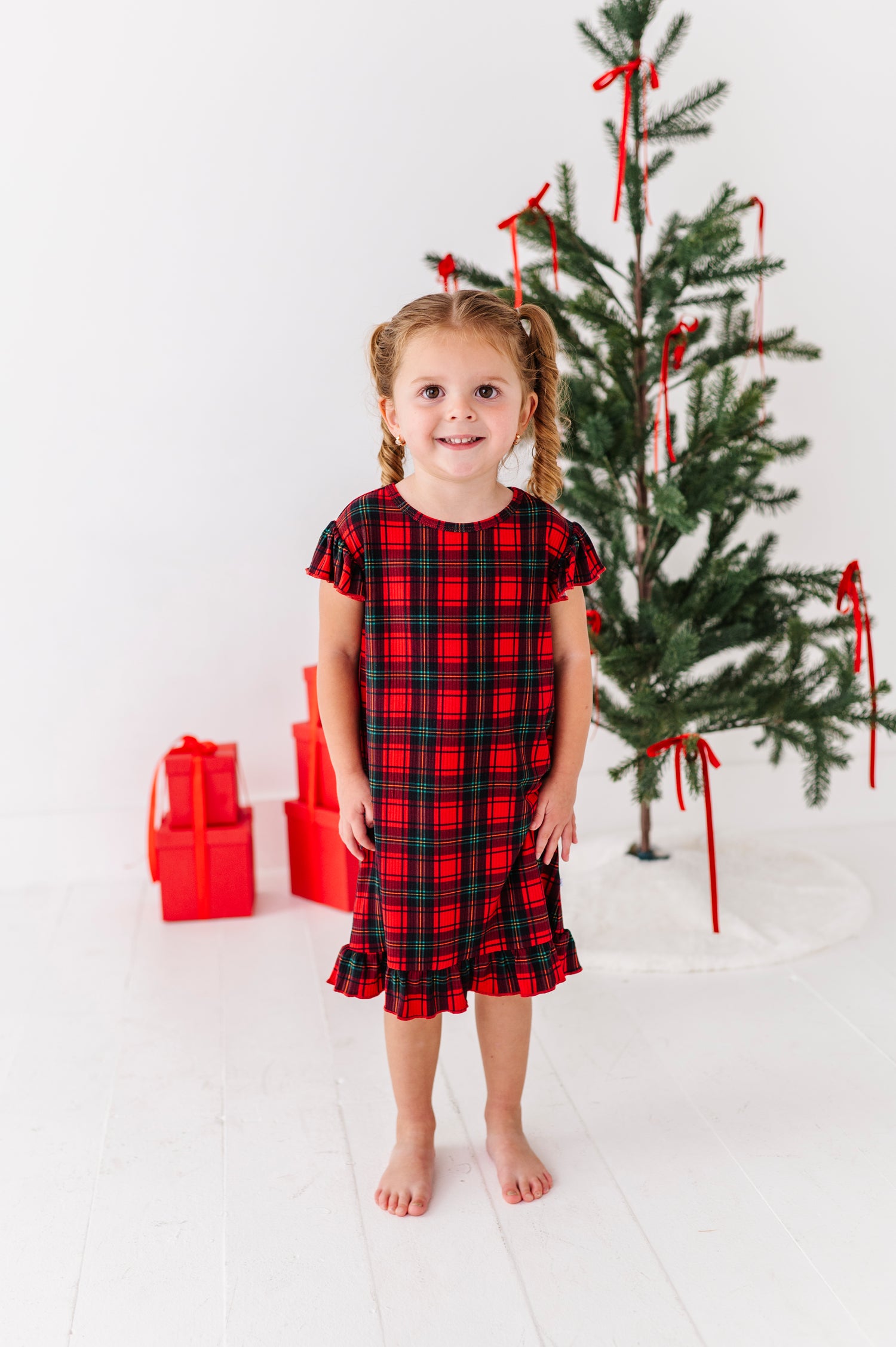 Classic Red Plaid Ribbed Ruffle Gown