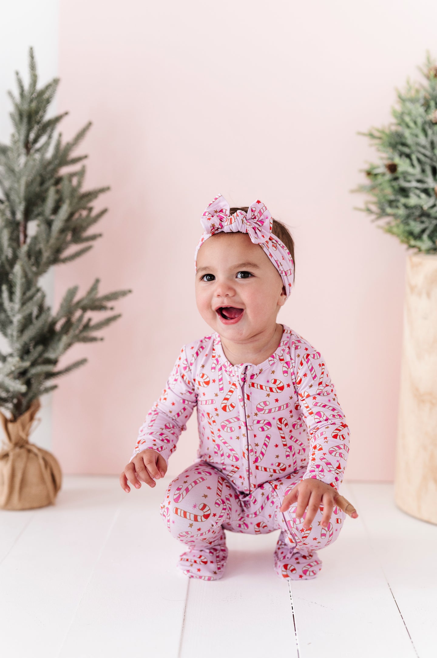 Pink Candy Cane Footed Onesie