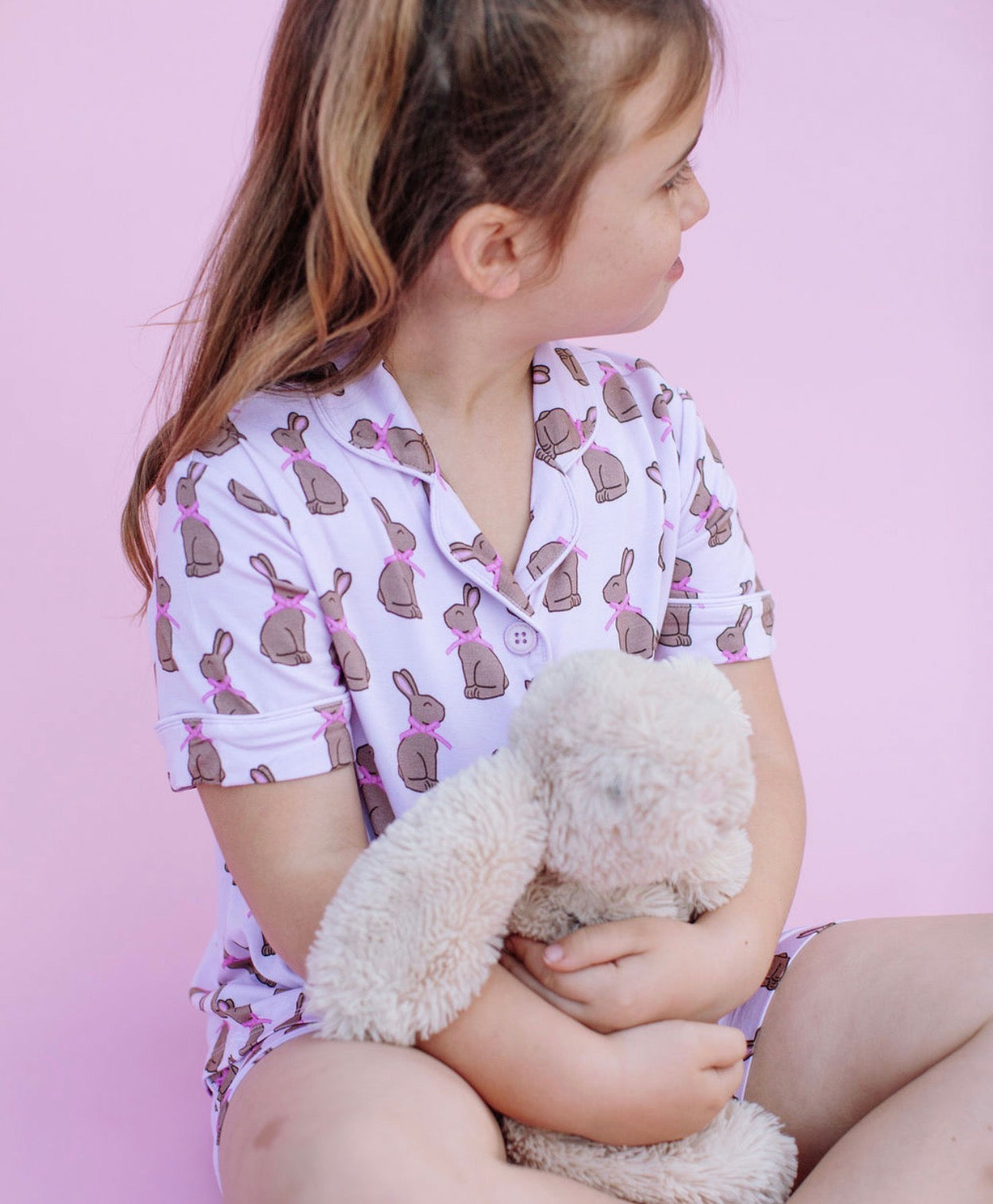 Pink Chocolate Bunny Girls Button Up Short Set