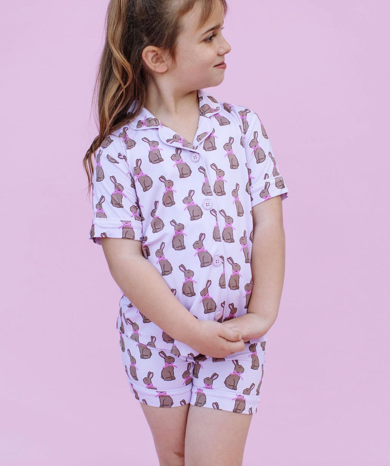 Pink Chocolate Bunny Girls Button Up Short Set
